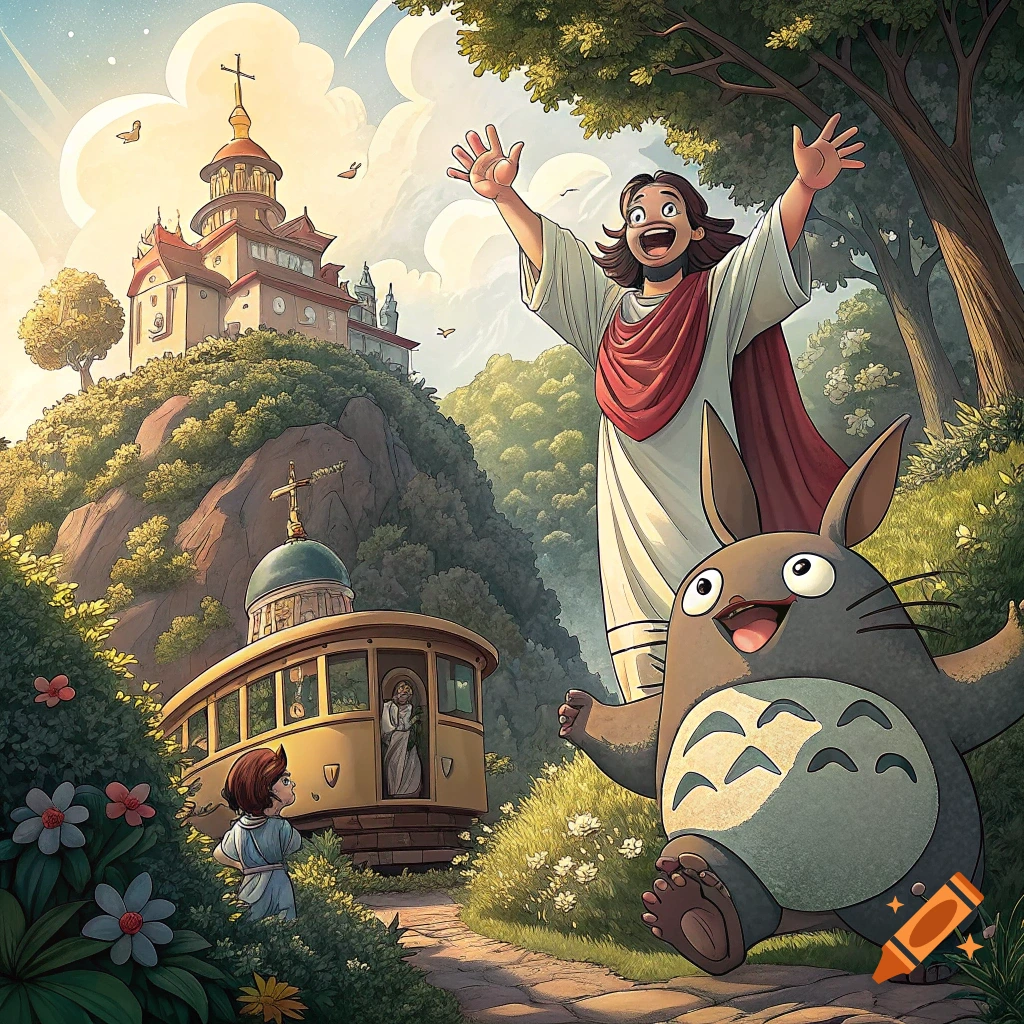 Jesus and a creature like Totoro cheer with a child near a tram and church in a Ghibli-style landscape