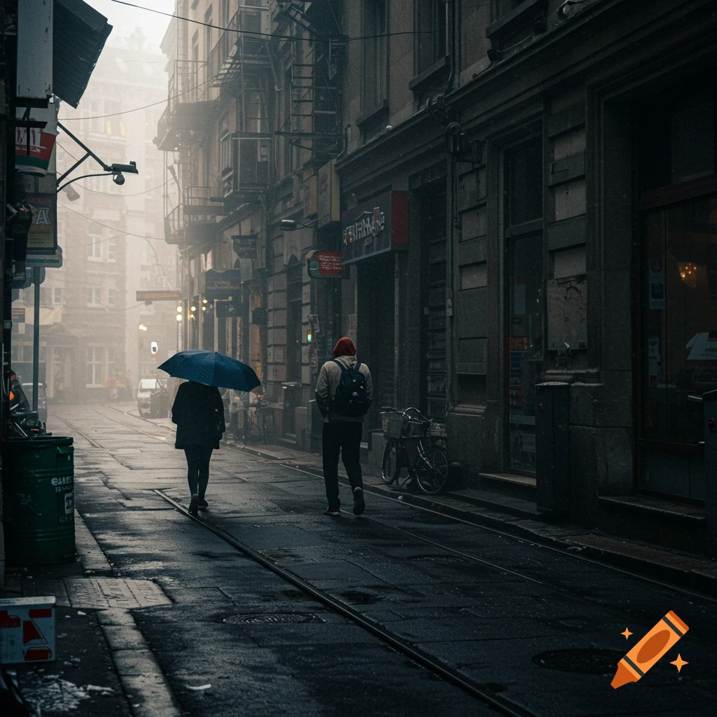 Two people walk down a dark, rainy city street, one holding a blue umbrella.