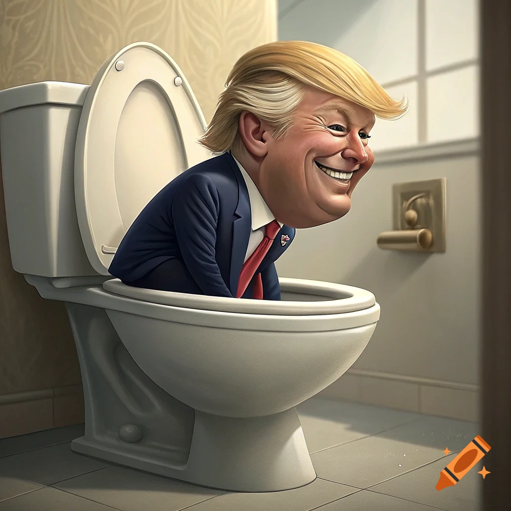 Caricature of Donald Trump's head and torso emerging from a toilet bowl in a bathroom.