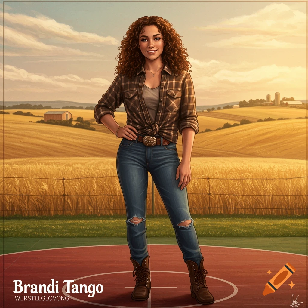 A woman in a plaid shirt and jeans stands in a wheat field by a farm.