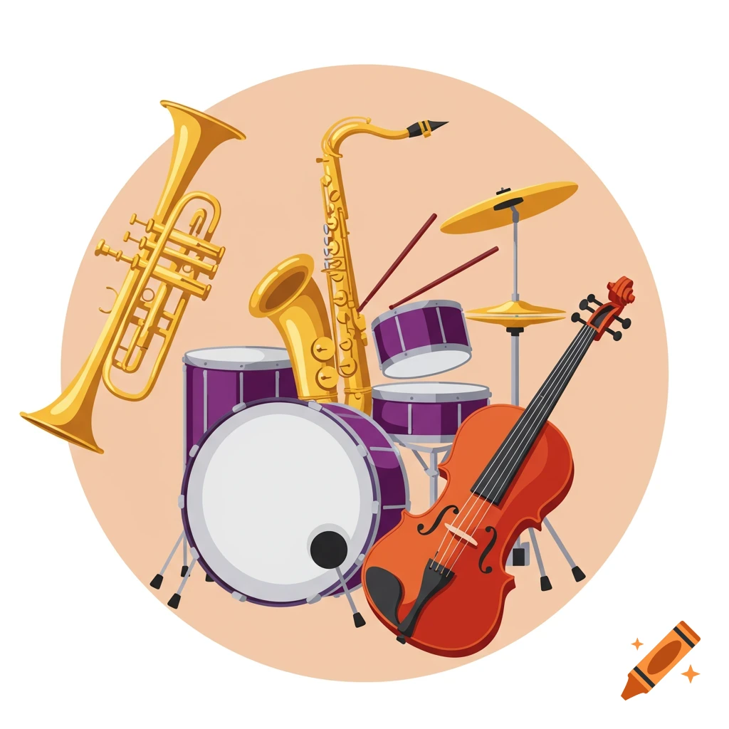 A vector graphic illustration of a trumpet, saxophone, drum set, and violin.