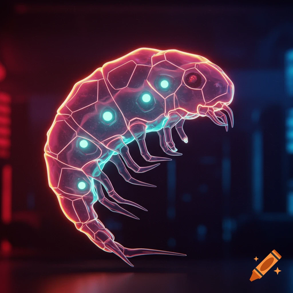 A glowing, segmented, translucent creature with legs and antennae in a dark, futuristic setting.