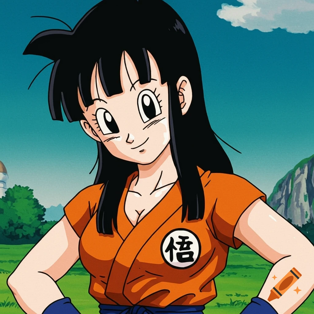 Anime drawing of Chi-Chi from Dragon Ball Z in an orange gi standing in a field.