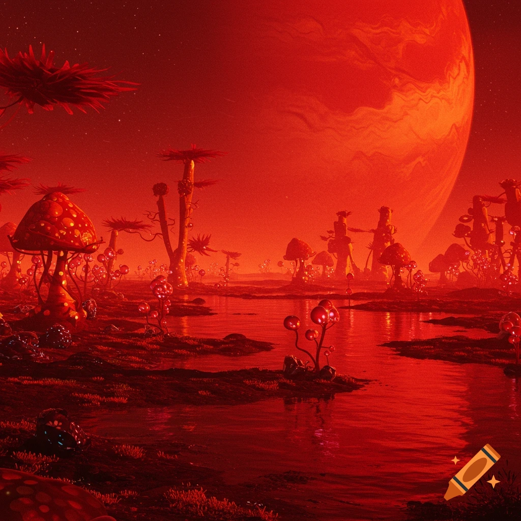 A red alien landscape with strange plants, water, and a large red planet in the sky.