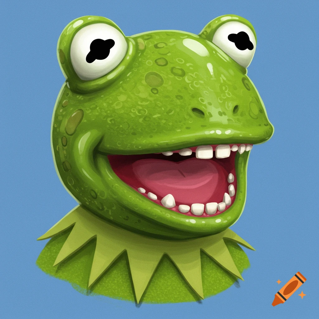 Close-up of a bright green cartoon frog head with a wide smile and white eyes on a blue background
