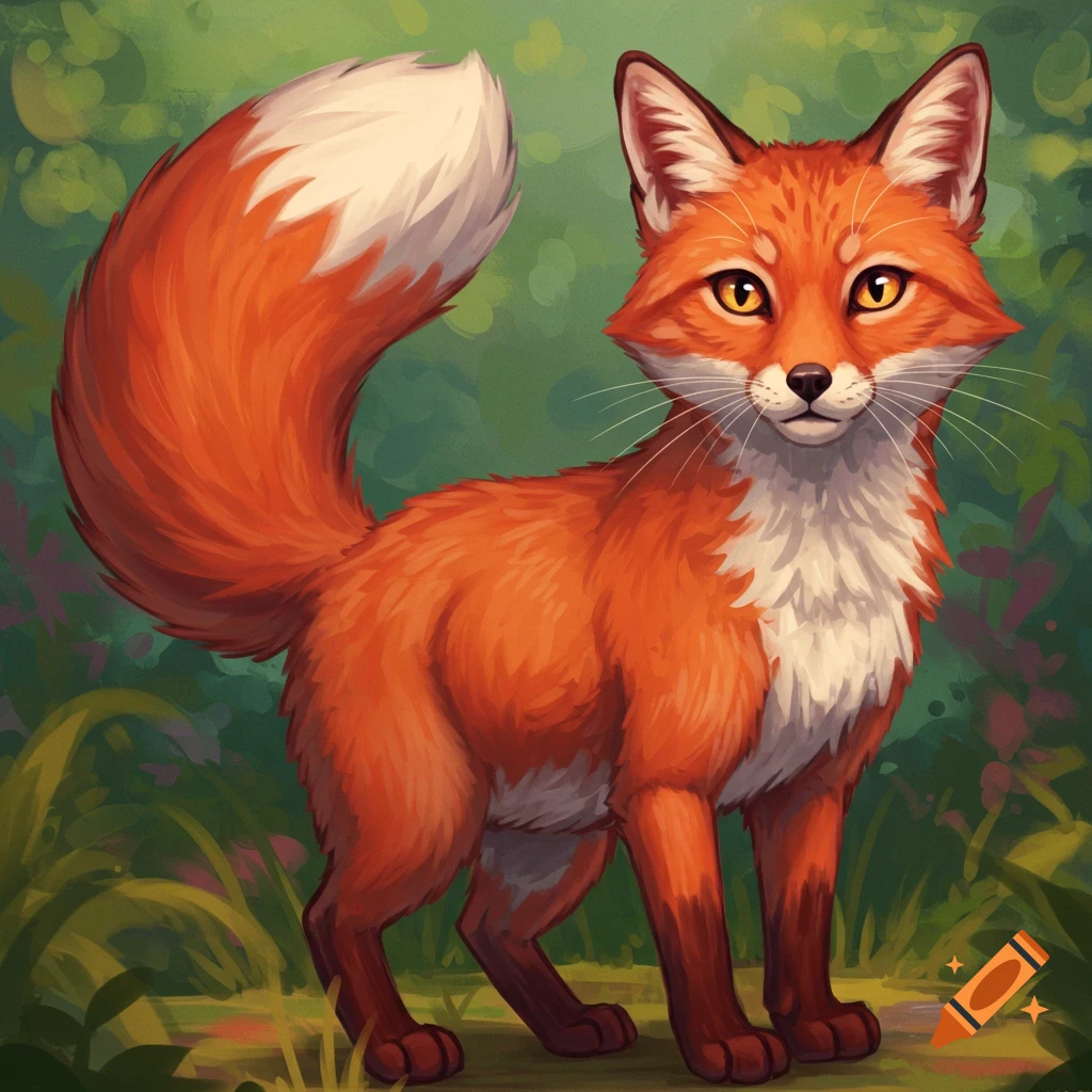 A stylized image of a red fox standing in a forest.