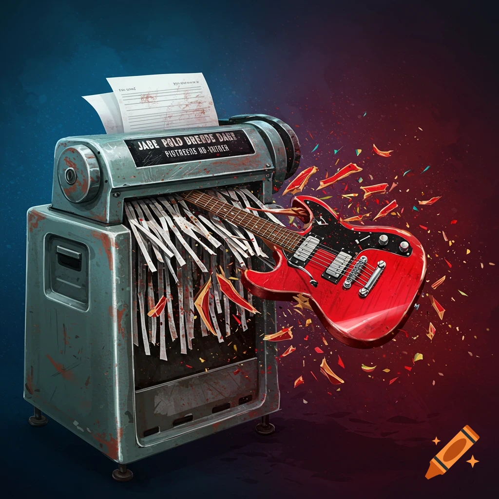 A paper shredder is destroying a red electric guitar, with pieces flying out.