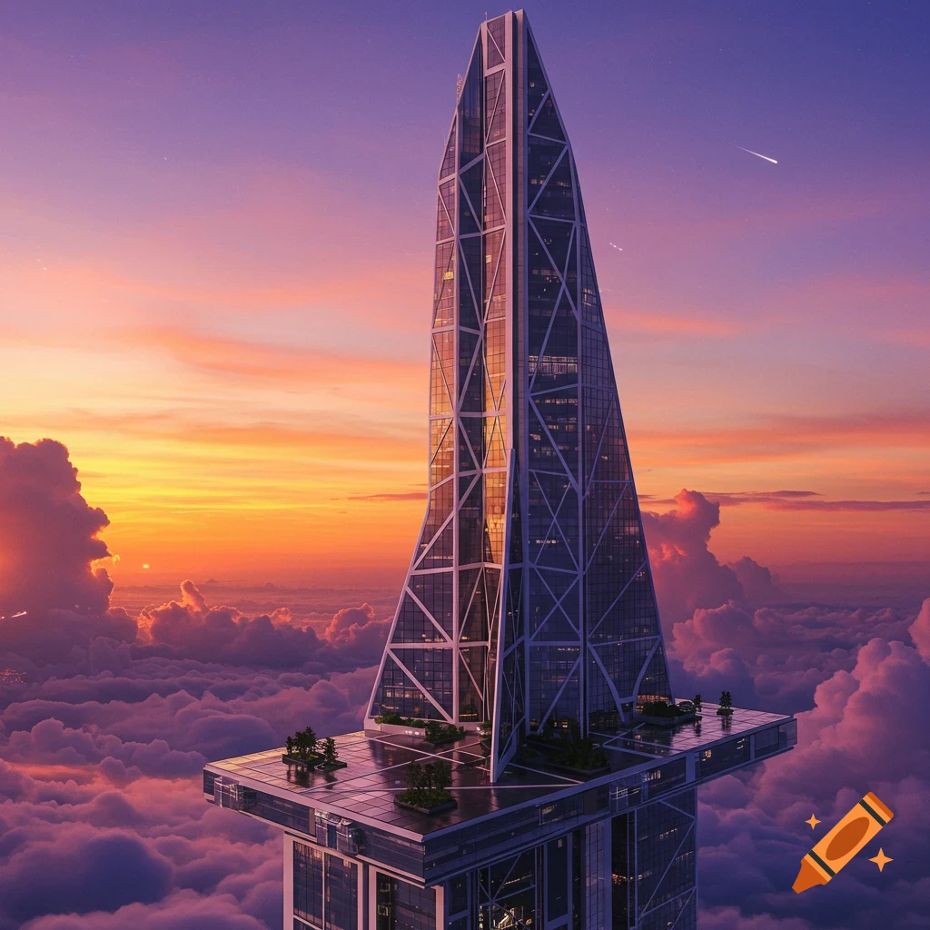 A futuristic triangular skyscraper rises above clouds at sunset.