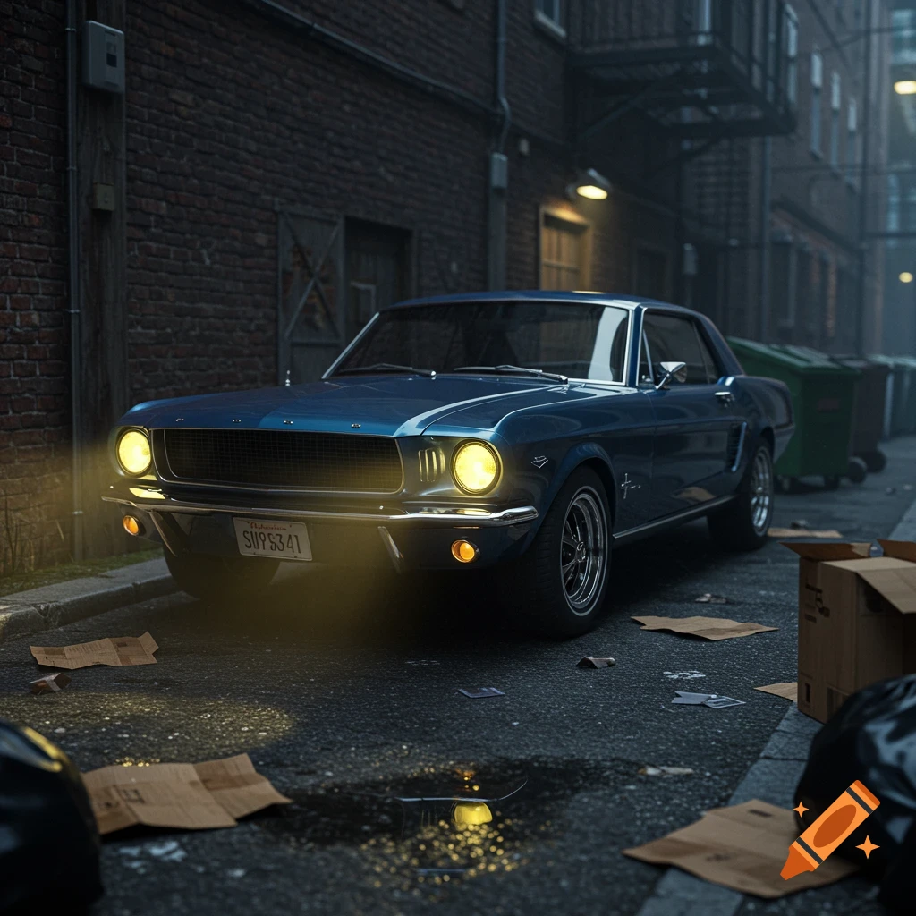 Blue 1967 Mustang parked in a dark alley.