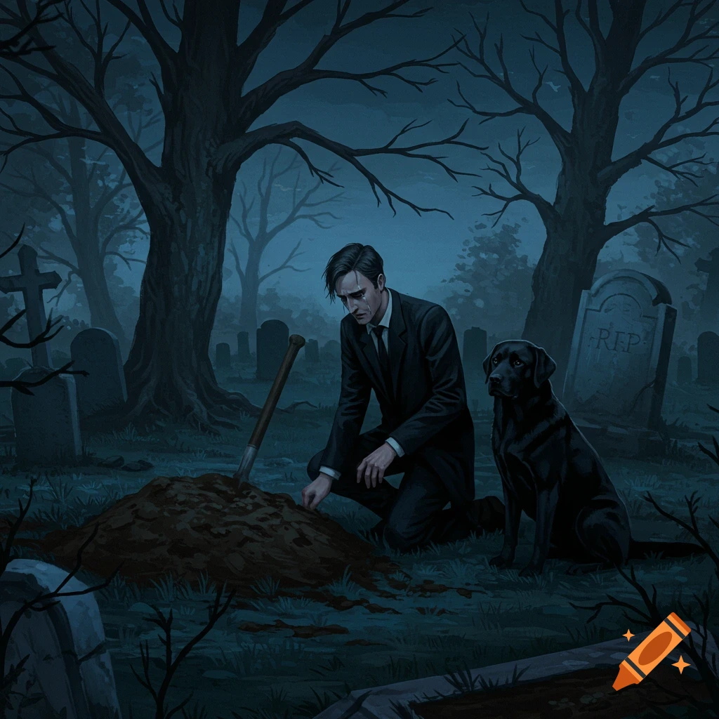 A man and a dog stand at a grave in a dark cemetery.