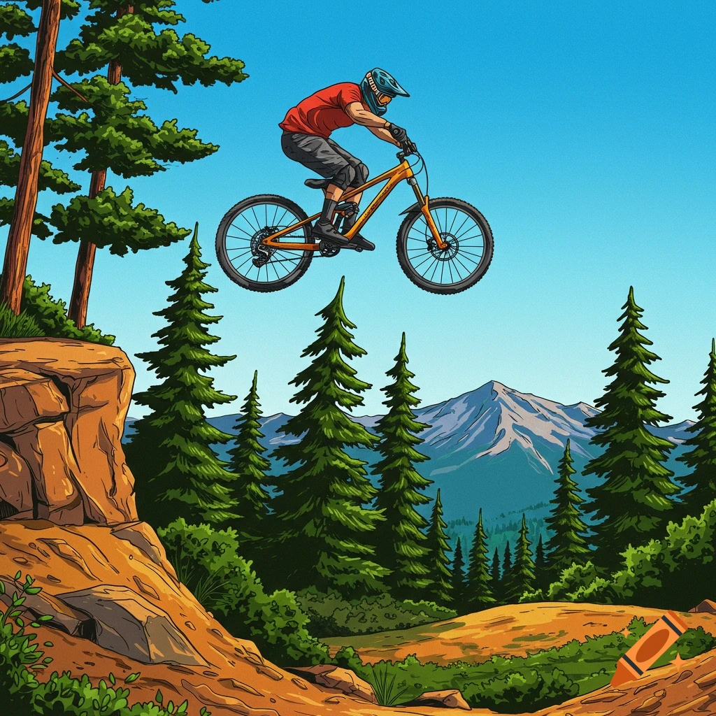 A mountain biker is captured mid-air, having just launched off a rock drop. Below, a lush forest stretches out, with majestic mountains visible in the distance.