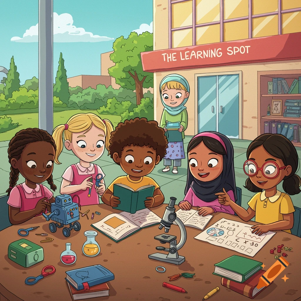 Cartoon of diverse children doing STEM activities like building a robot and studying math at The Learning Spot.