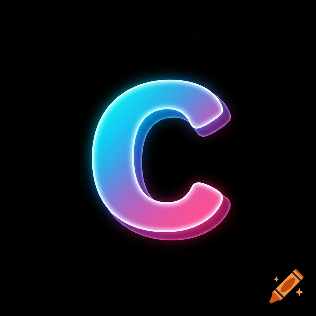 Digital rendering of the letter C in blue, purple, and pink neon