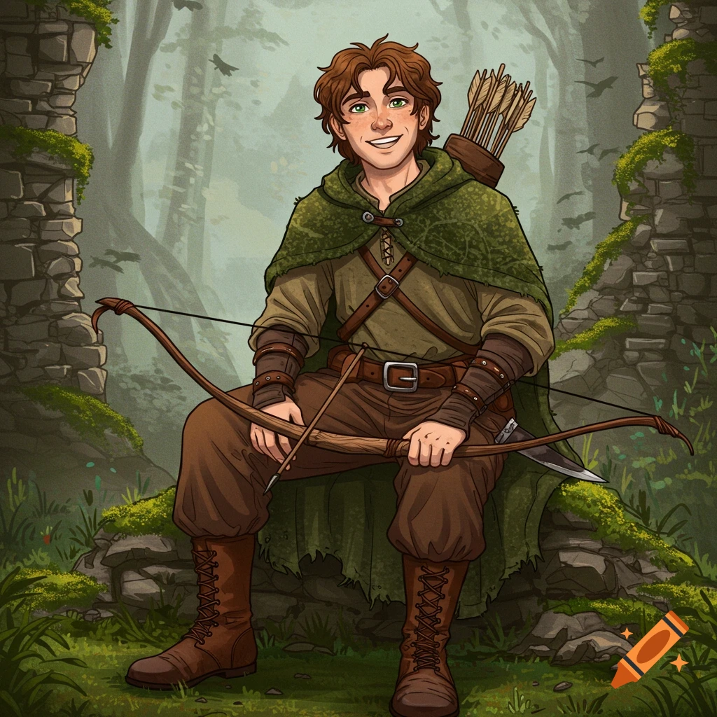 Illustration of a young man dressed as an archer sitting on a mossy rock in a forest.