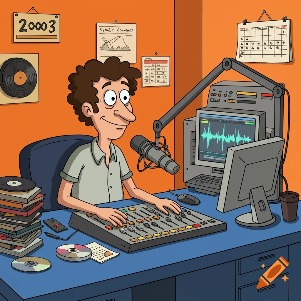 A cartoon drawing of a radio disc jockey sitting at his desk with equipment.