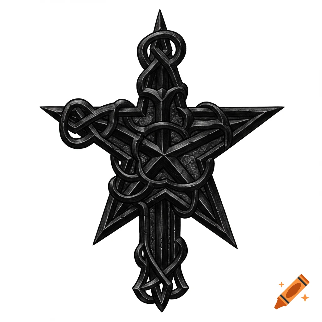 A dark, ornate symbol of an intertwined cross and star with knotwork.