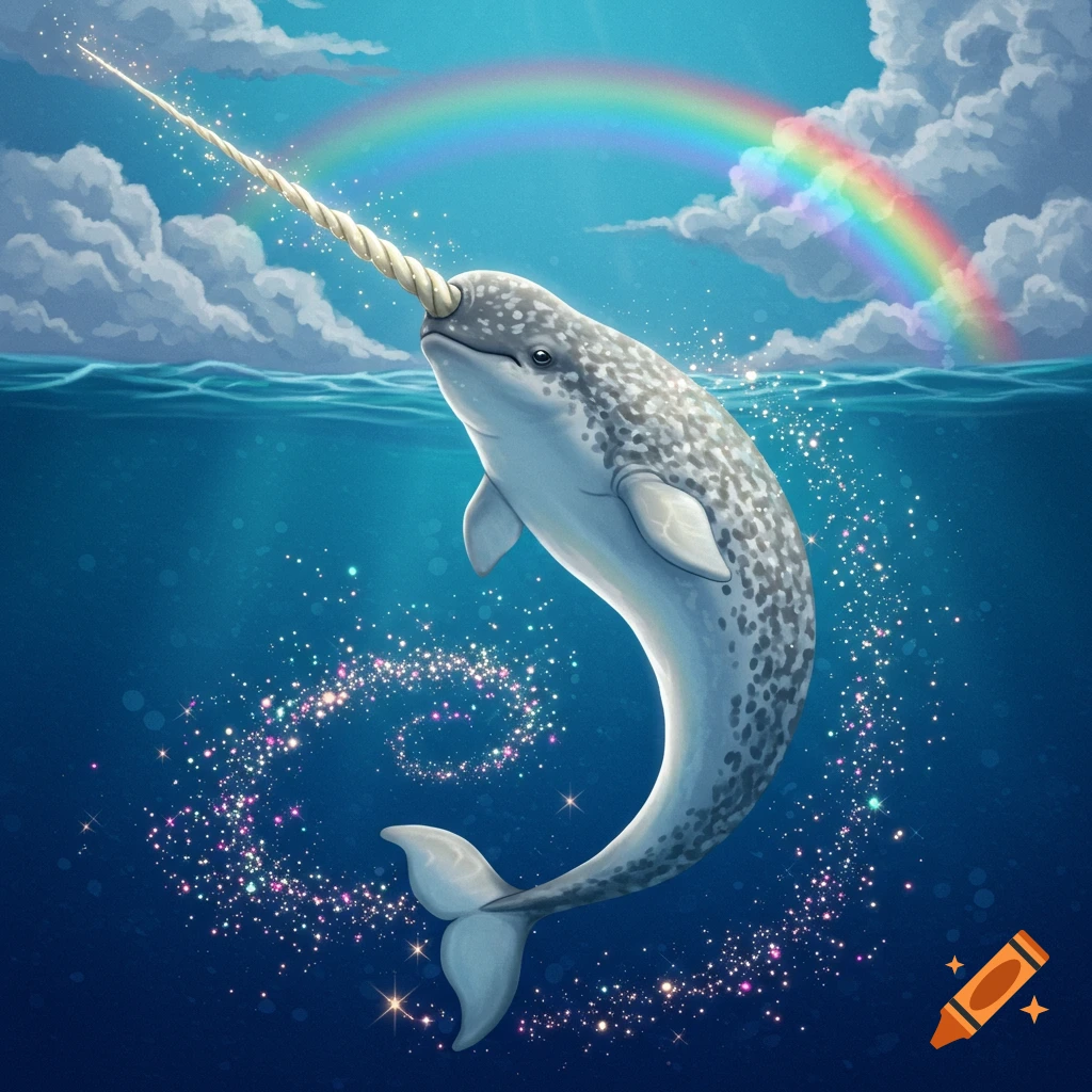 A narwhal swims in the ocean with a rainbow and sparkles