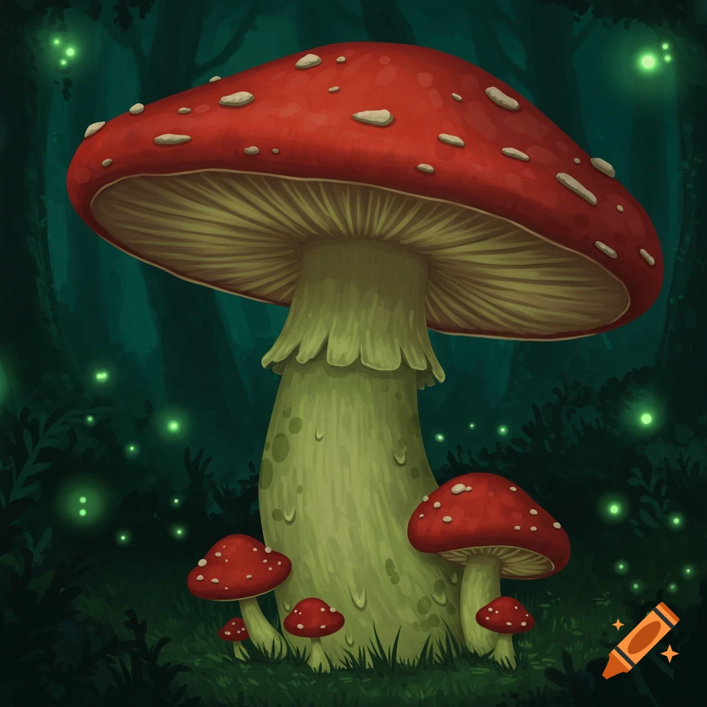 Red and white spotted mushrooms in a dark, glowing forest.