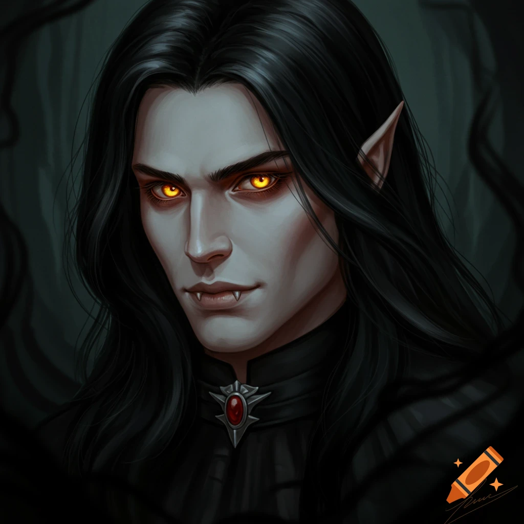 A vampire with dark hair, pale skin, fangs, and glowing yellow eyes.