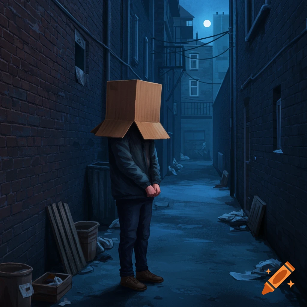 A person with a cardboard box on their head stands in a dark alley at night.