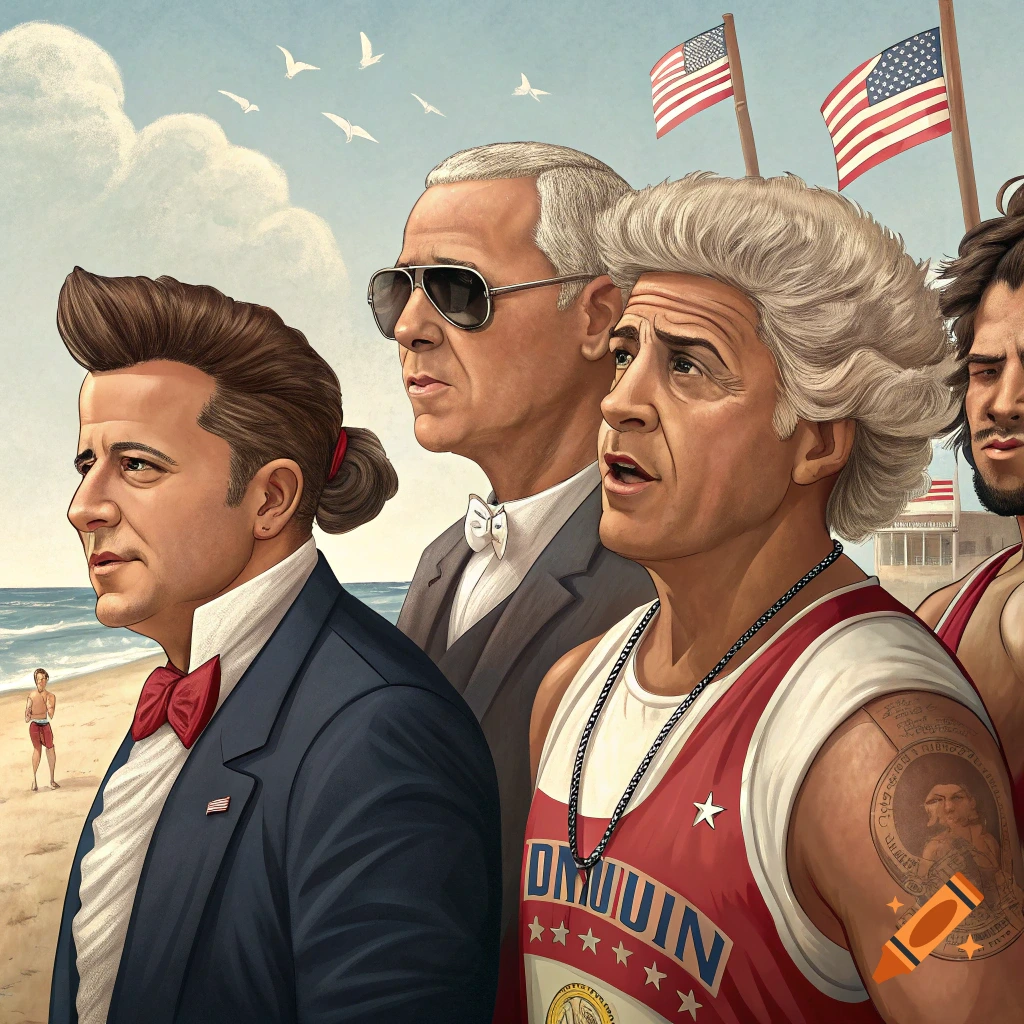 Cartoonish figures resembling politicians dressed as Jersey Shore characters at a beach.