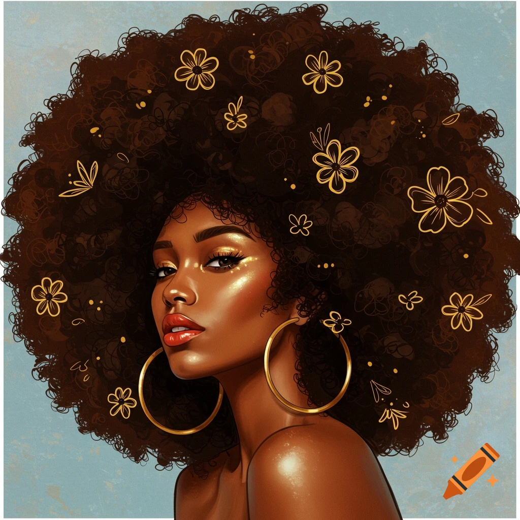 A woman with a large afro adorned with gold flowers, wearing gold hoop earrings.