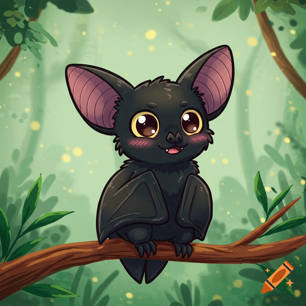 A cute cartoon bat with big eyes sits on a tree branch in a forest.