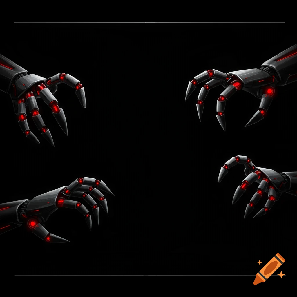 Four menacing robot hands with red glowing joints reaching out from a black background.
