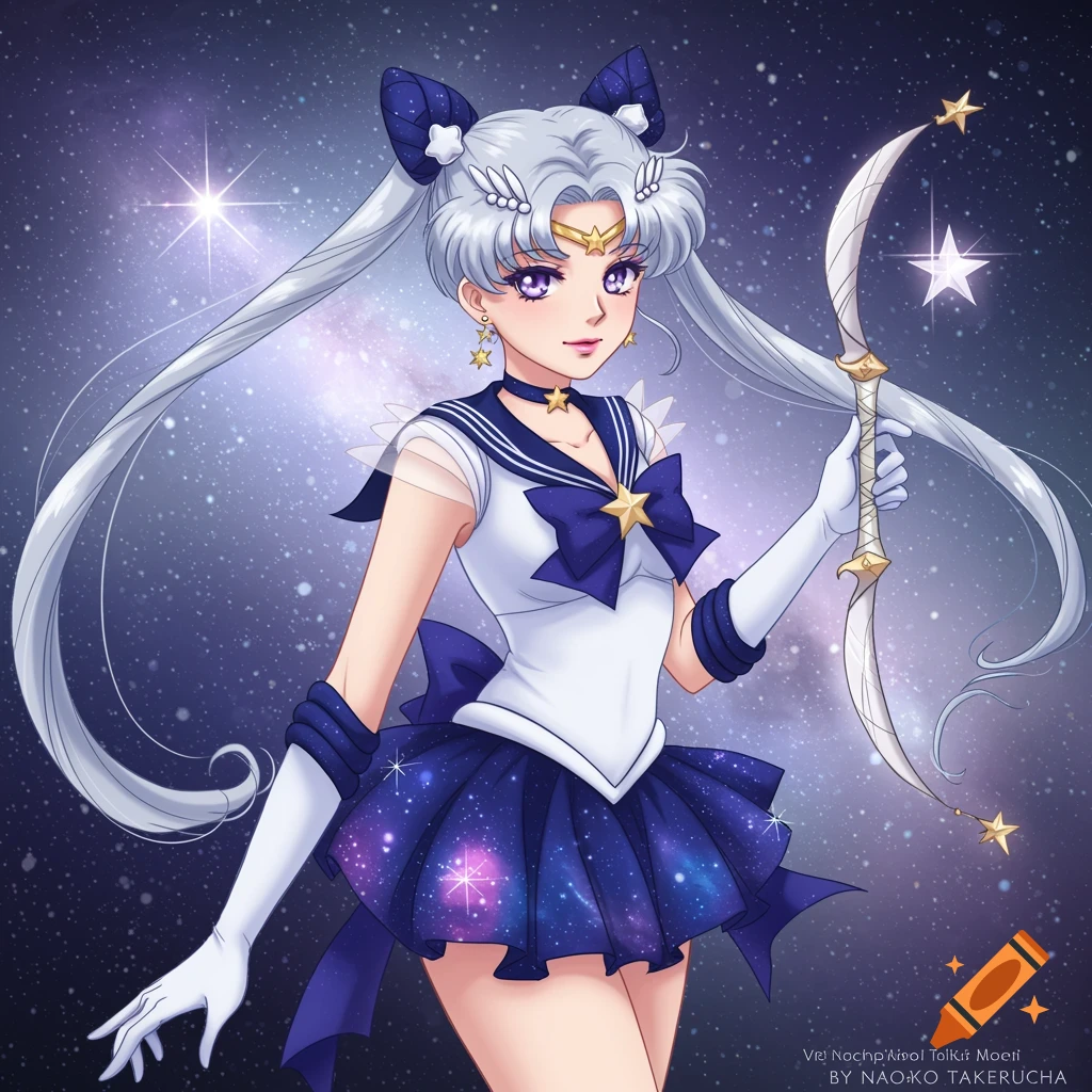 Anime magical girl with silver hair, blue and white sailor suit, galaxy skirt, holding a bow, against a starry background.