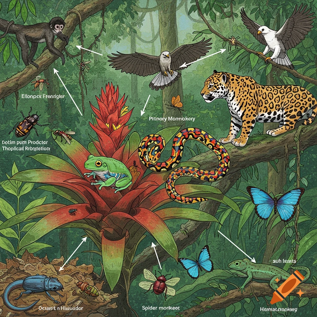 Illustration of a rainforest food web with various animals and plants like a monkey, jaguar, snake, frog, butterflies, and a bromeliad, connected by arrows and labeled.