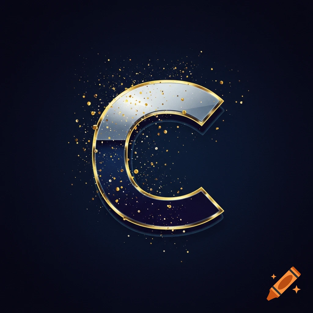 A stylized letter C logo with gold trim, metallic shine, and gold glitter on a dark background.
