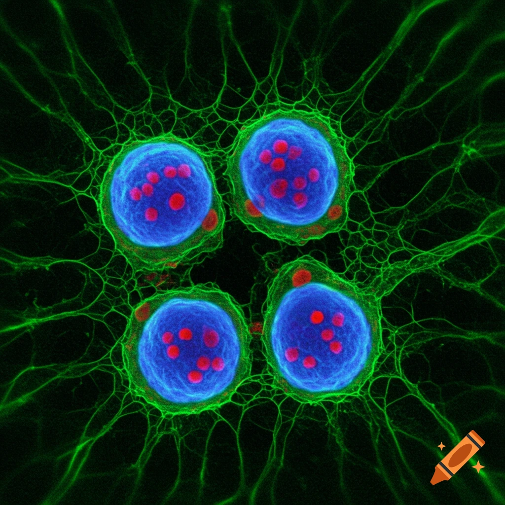 Four stylized blue cell-like shapes with red dots surrounded by green network on black background, microscopic view.