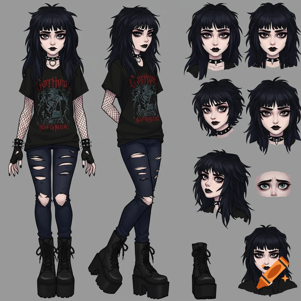 Character reference sheet of an emo/gothic girl with dark hair, ripped jeans, platform boots, and graphic tee in anime style.