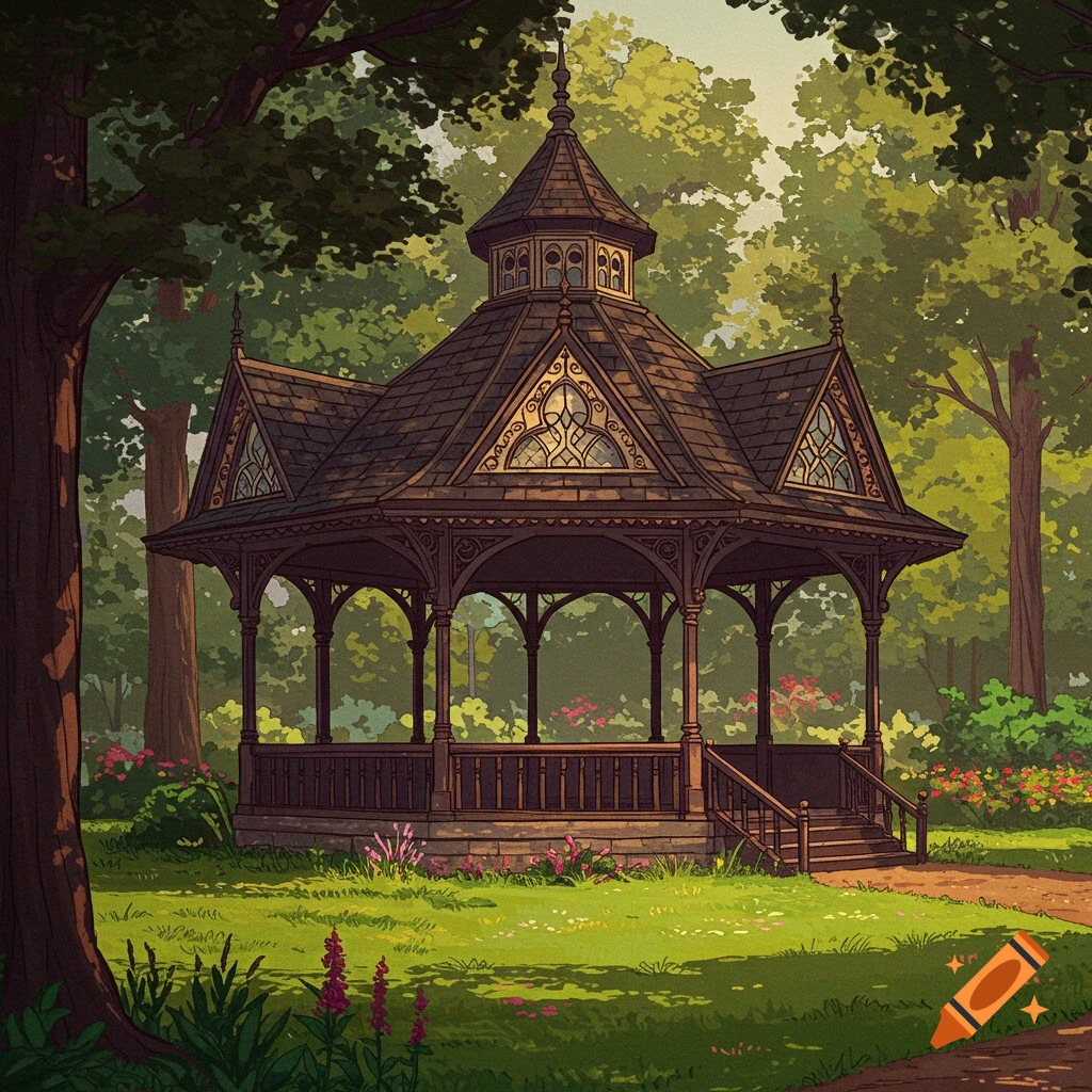A Victorian style gazebo in a park with trees and flowers.