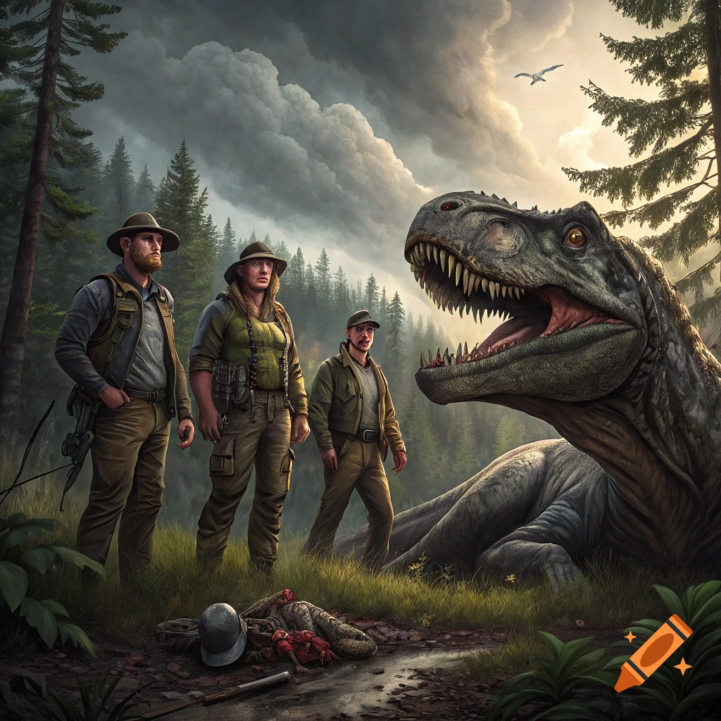 Three hunters stand next to a large dead tyrannosaurus rex in a forest clearing at dusk.