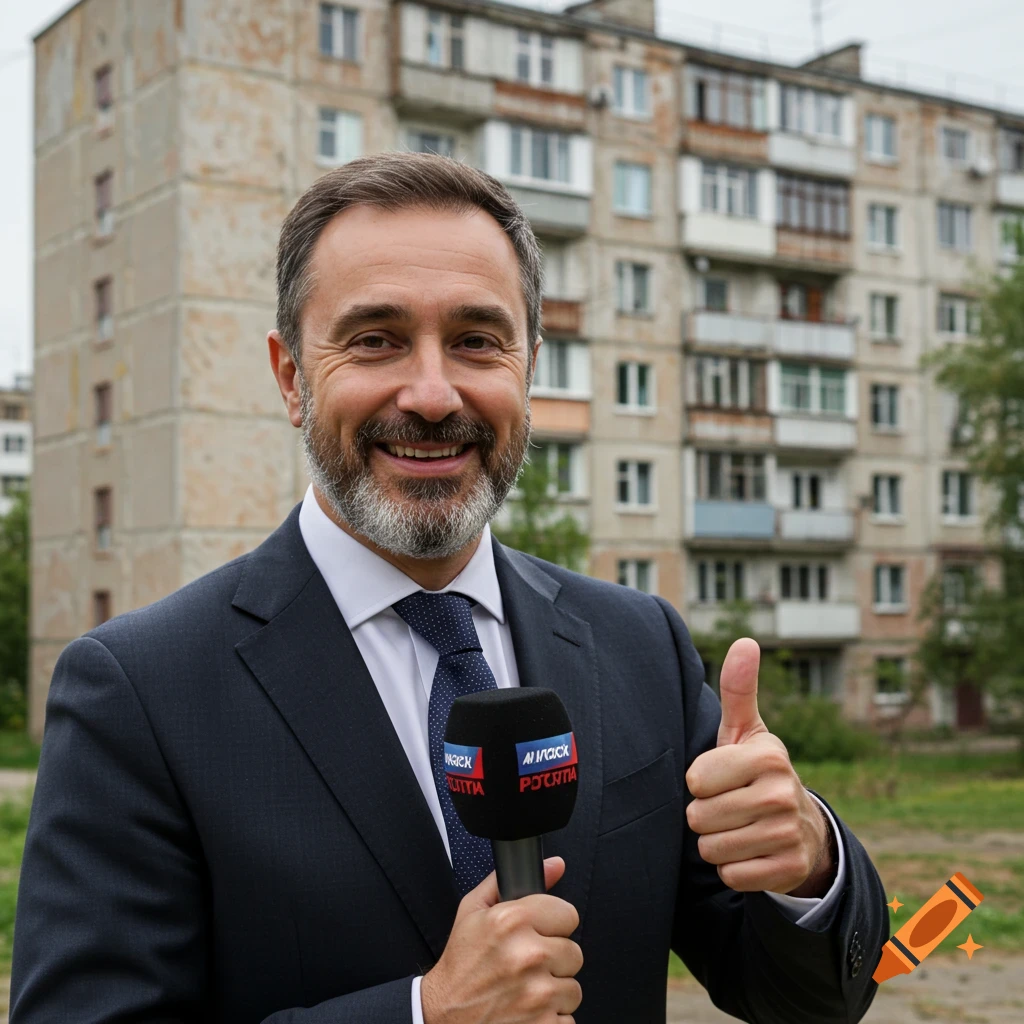 Man in suit holds microphone, gives thumbs up in front of apartment building.