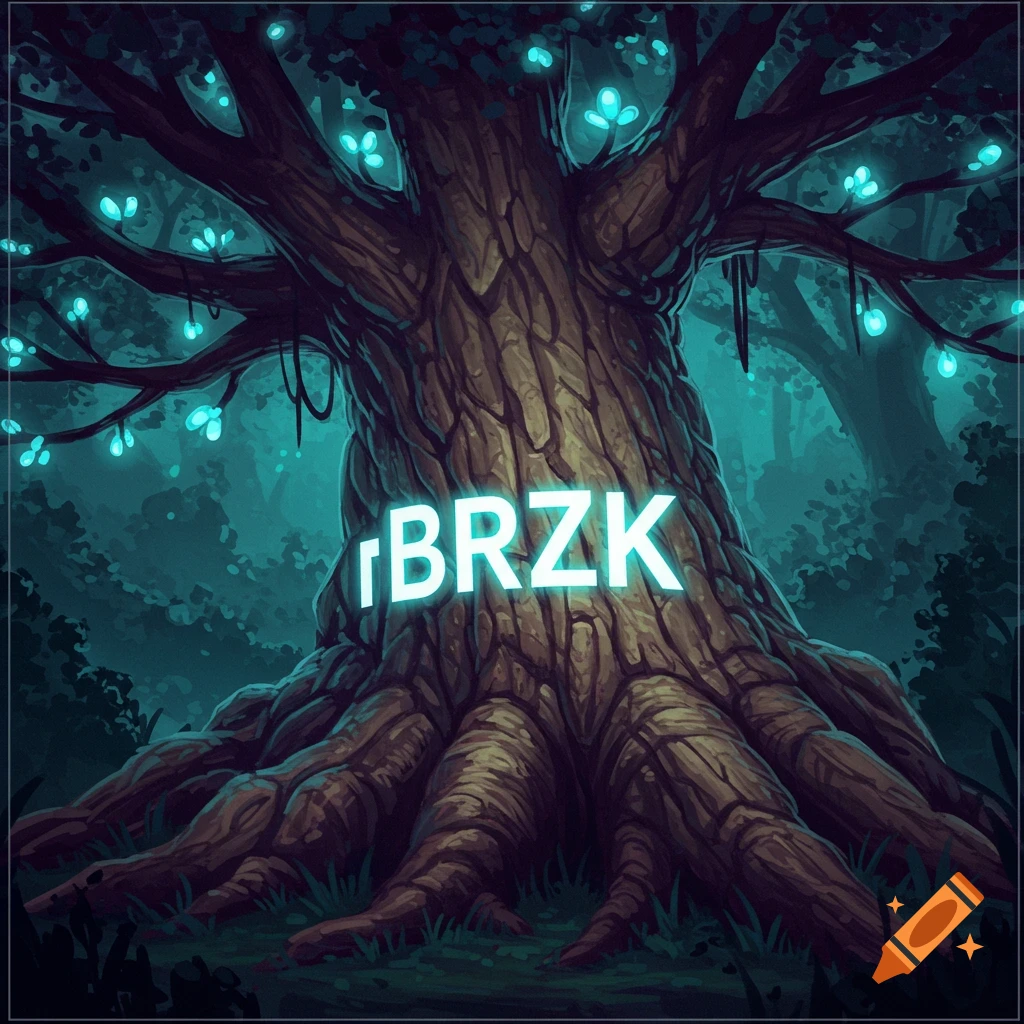 A fantasy illustration of a large tree with glowing blue lights in a forest, with the word "BRZK" glowing on its trunk.