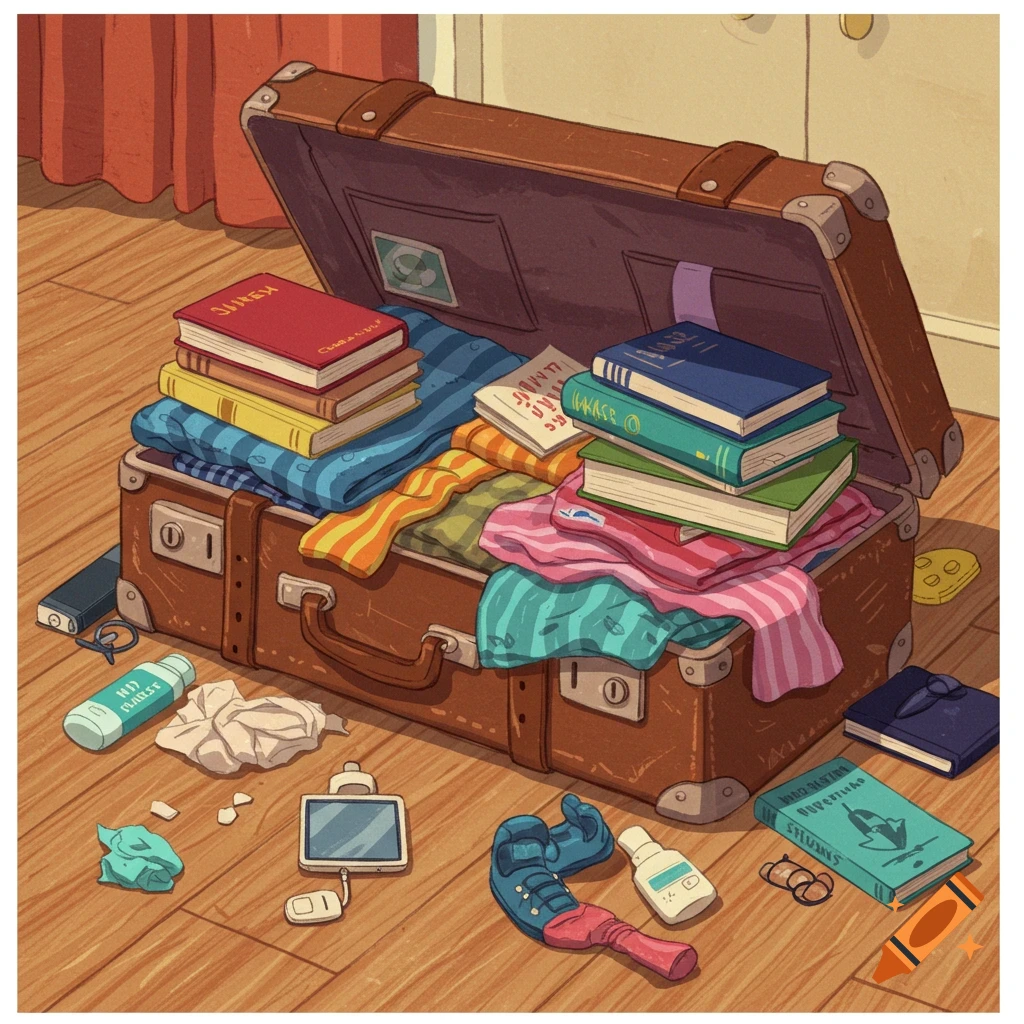 A brown suitcase packed full of clothes and books with items scattered around it.