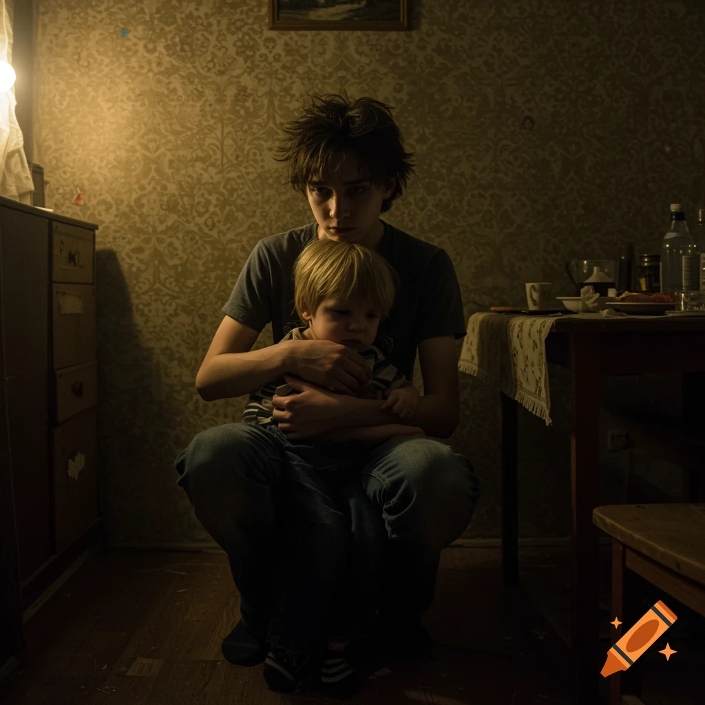 Teenage boy holding his younger brother in a dimly lit, worn room. Photo-realistic style.