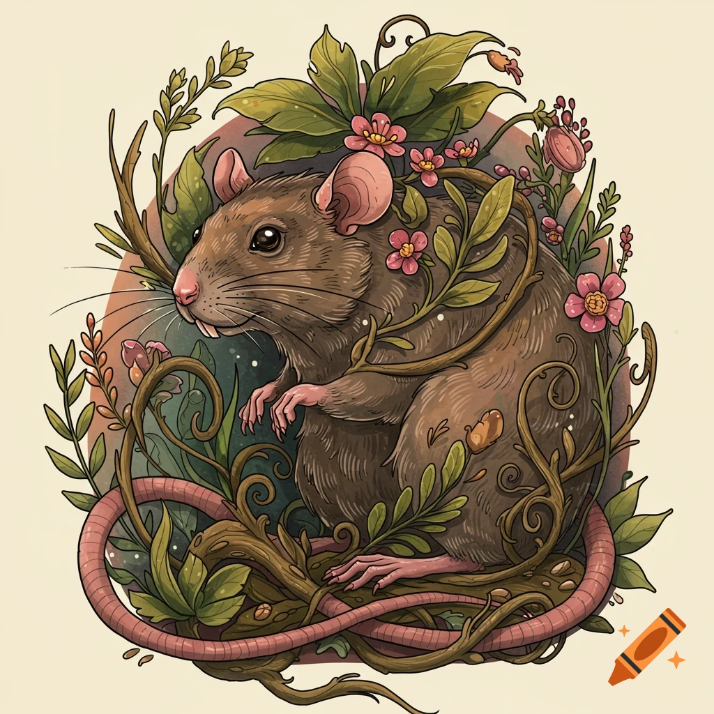 A brown rat sits among green leaves and pink flowers in a stylized tattoo design illustration.