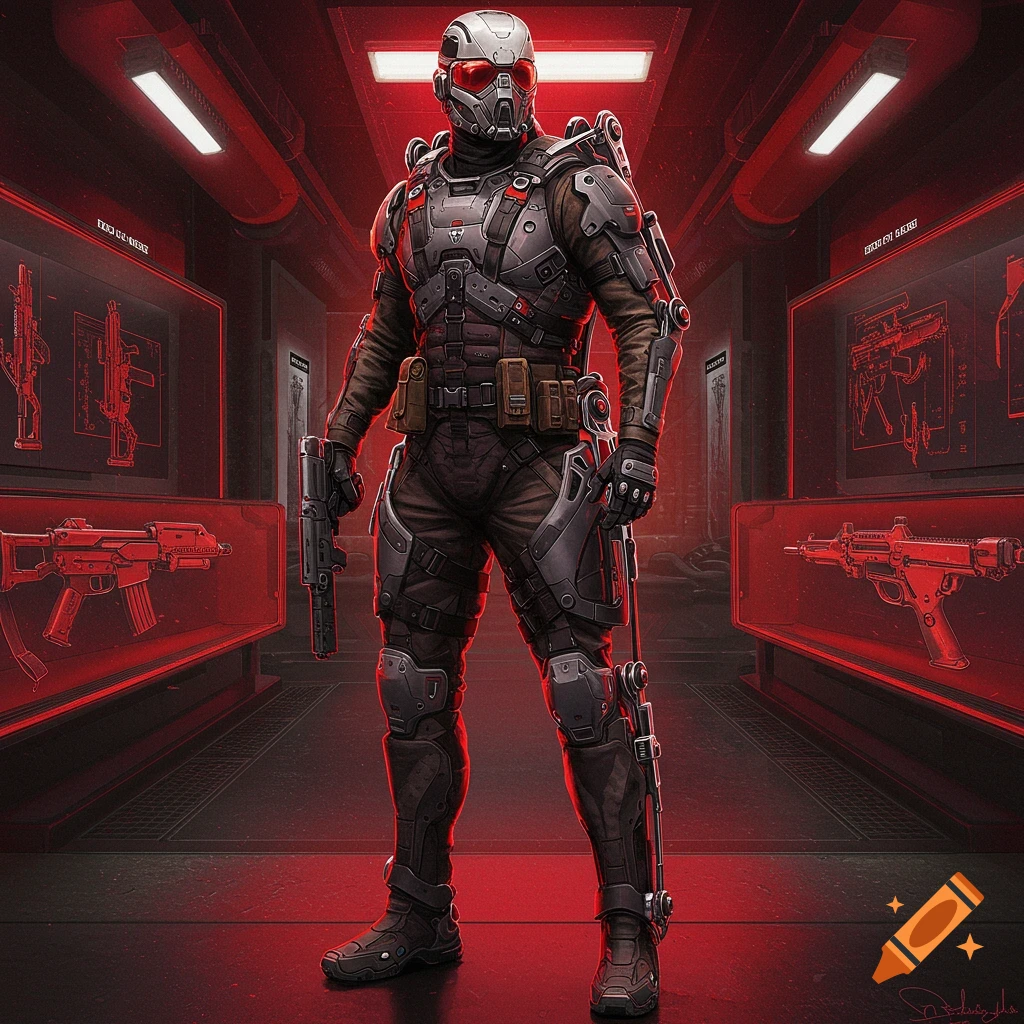 A futuristic soldier in a sci-fi suit holds two guns in a red-lit industrial hallway with weapon displays.