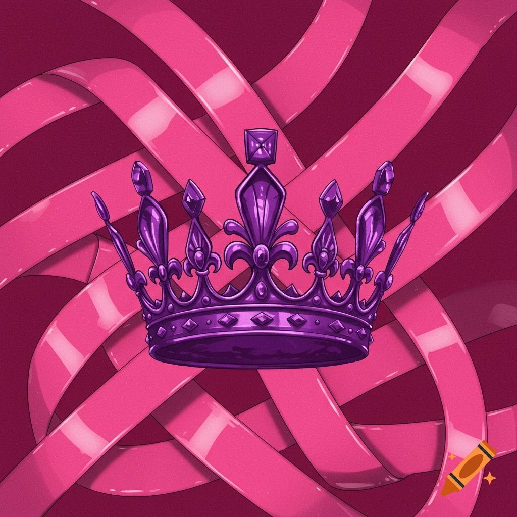 A purple crown sits centered against a background of interwoven pink ribbons.