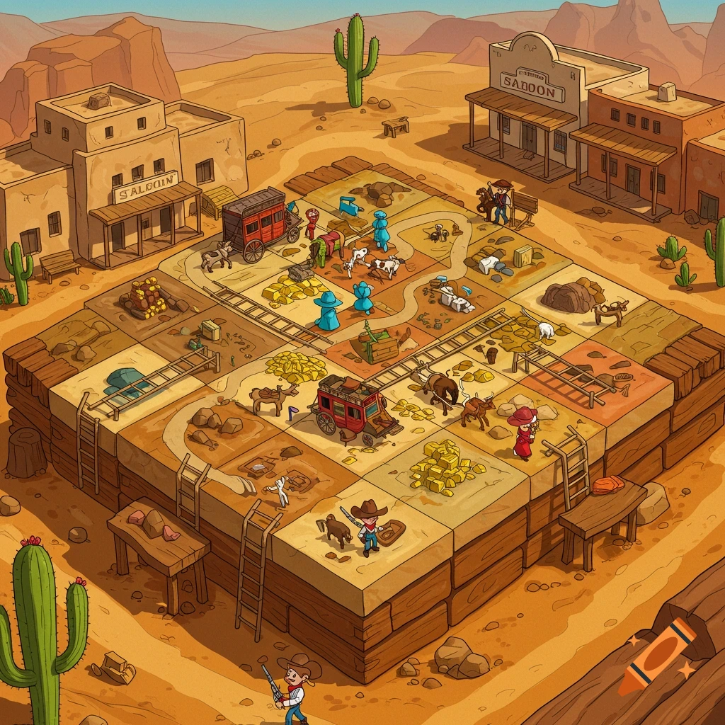 Cartoon image of a Western-themed board game set in a town with saloons and cacti.
