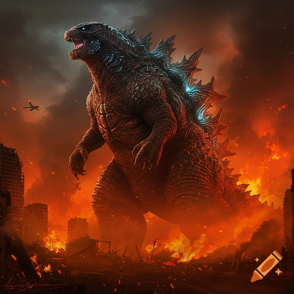 A detailed depiction of Godzilla roaring in a burning, destroyed city with a plane overhead.