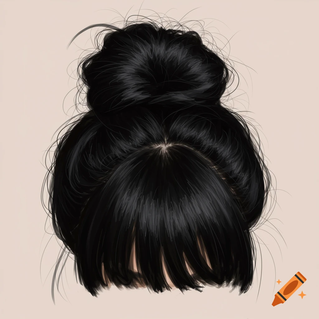 A messy bun with wispy bangs.