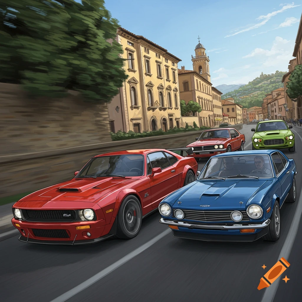 Vintage cars driving through an Italian town.