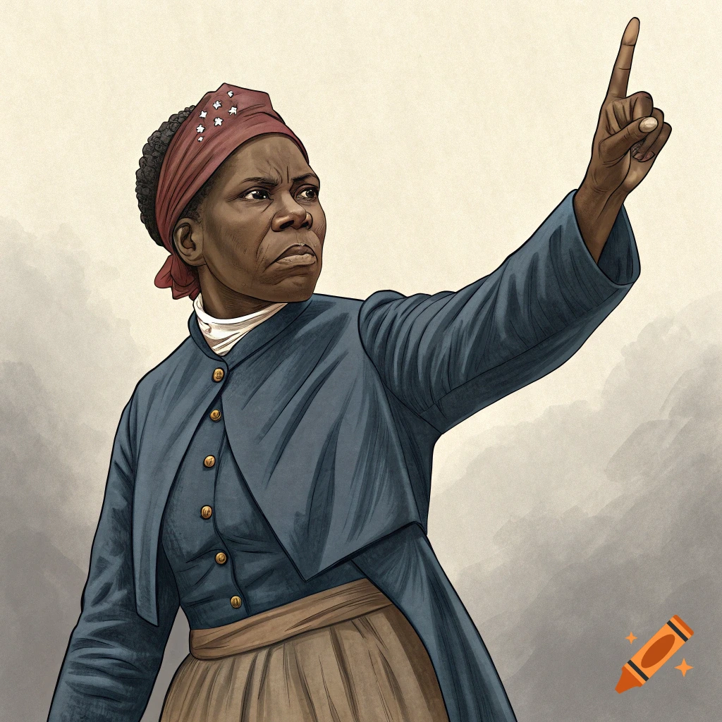 Illustrated portrait of Harriet Tubman pointing upwards
