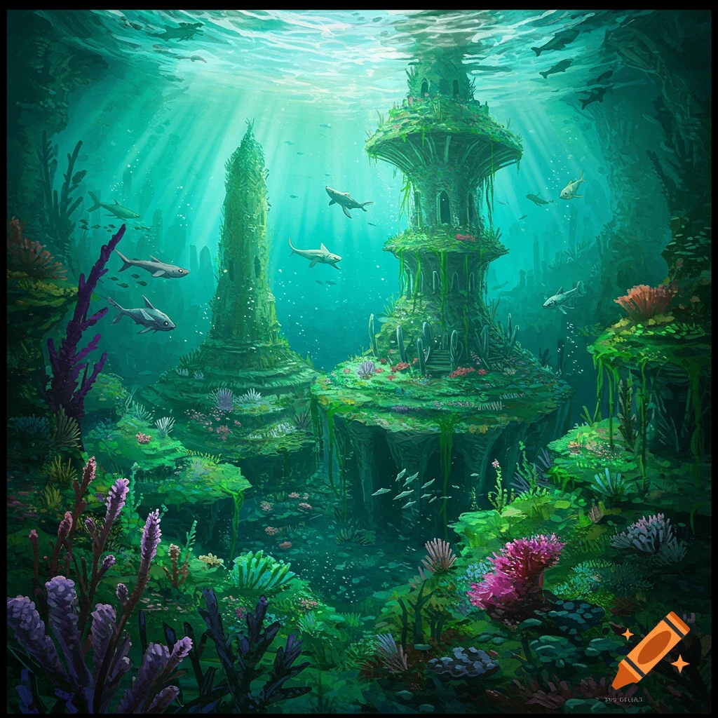 Ancient, plant-covered towers underwater with fish and coral.