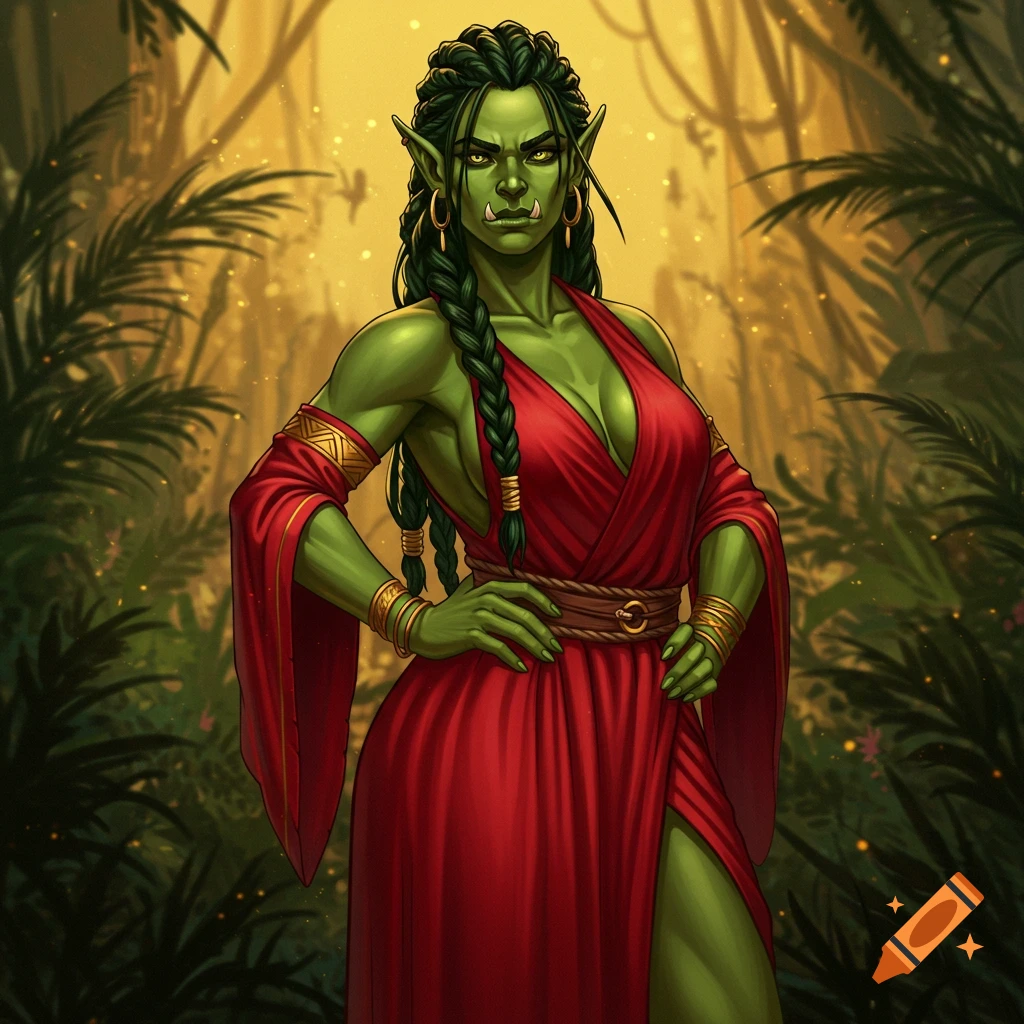 A confident female orc in a red dress stands in a lush jungle environment.