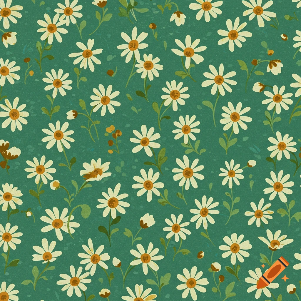Seamless pattern of white daisies with green stems and leaves on a teal background.